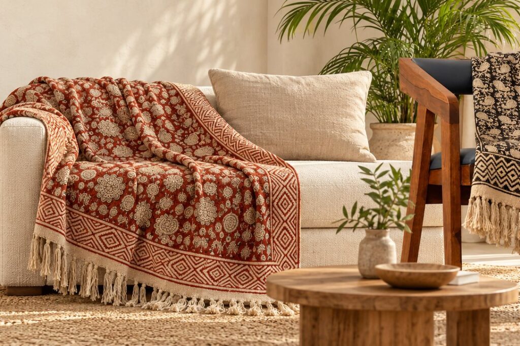 Madder red medallion and black paisley hand block printed cotton throws on a sofa and chair